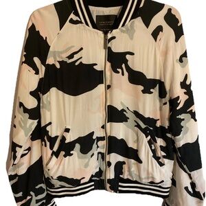 Sanctuary Black Ivory Gray Peachy Pink Camo Bomber Jacket with Ribbed Cuffs